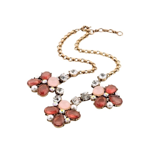 Floral Statement Necklace – 18"+2" Gold Tone with Pink, Red & Crystal Accents - Picture 2 of 5